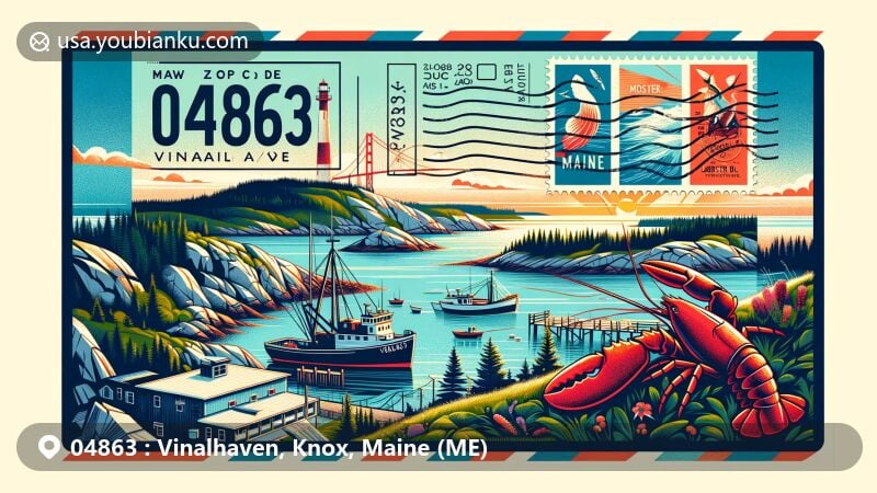 Modern illustration of Vinalhaven, Knox, Maine, showcasing granite quarry, lobster fishing boat, and natural preserves, featuring postal elements like stamp, postmark, and ZIP Code 04863.