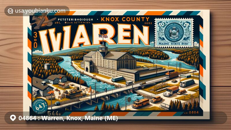 Modern illustration of Warren, Knox County, Maine, showcasing postal theme with ZIP code 04864, featuring Maine State Prison, Peterborough black settlement, General Henry Knox Canal system, and natural landscapes.