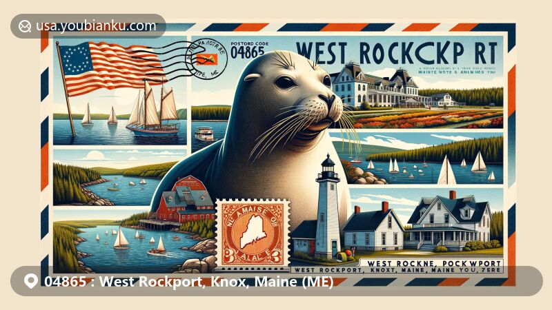 Illustration depicting West Rockport, Knox County, Maine, with iconic Andre the Seal Statue, Penobscot Bay sailing scene, Aldermere Farm Belted Galloways, and Maine state flag, all creatively integrated with vintage postal theme featuring '04865' ZIP code.