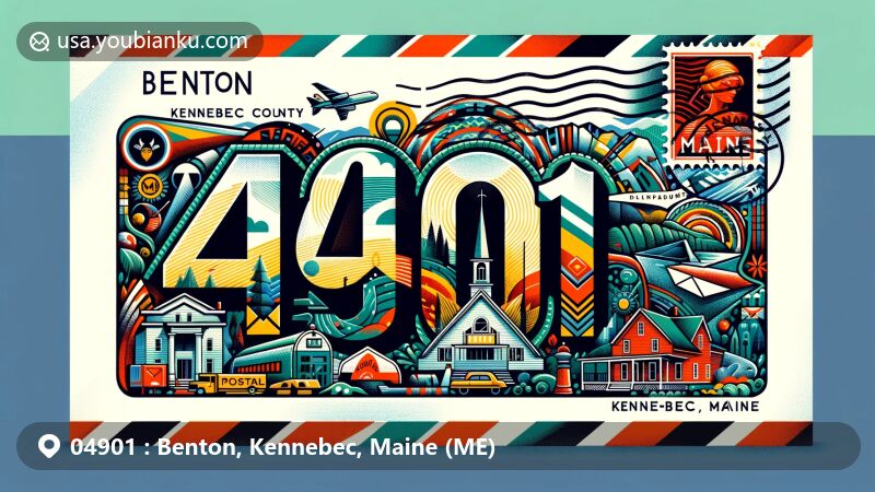 Modern illustration of Benton, Kennebec County, Maine, featuring postal theme with ZIP code 04901, showcasing notable landmarks and Maine cultural symbols.