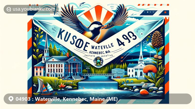 Vintage-style illustration of Waterville, Kennebec, Maine, featuring airmail envelope with '04903' ZIP code and Maine state flag, highlighting Waterville Opera House, City Hall, Colonial Revival architecture, Chickadee state bird, White Pine Cone and Tassel state flower, and Kennebec River elements.