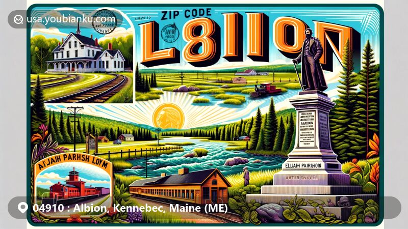 Modern illustration of Albion, Kennebec, Maine, featuring Lovejoy Pond, lush greenery, and open fields, with a monument or plaque honoring Elijah Parish Lovejoy, highlighting the town's natural beauty and historical significance, with artistic representations of a historic railway station and Crosby Mansion ruins, incorporating postal elements like stamps and '04910' ZIP code.