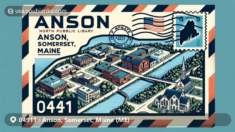 Modern illustration of Anson, Somerset, Maine, representing postal theme with ZIP code 04911, featuring town landmarks and Maine state symbols.