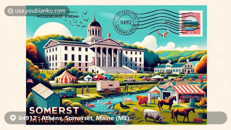 Postcard-style illustration of Somerset Academy in Athens, Somerset County, Maine, featuring Greek Revival architecture and Wesserunsett Stream, with elements of an agricultural fair and postal theme with ZIP code 04912.