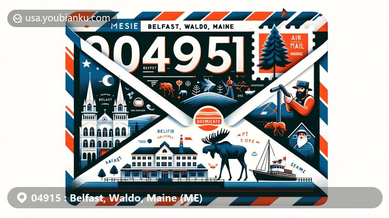 Modern illustration of Belfast, Waldo, Maine, postal theme with ZIP code 04915, featuring Maine state symbols like moose and pine tree, showcasing cityscape with historic buildings and Colonial Theatre.