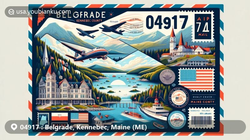 Modern illustration of Belgrade, Kennebec, Maine, showcasing natural beauty with Mount Phillips, Belgrade Lakes, and Belgrade Hotel, featuring Maine state flag and Kennebec County map, incorporating vintage postal elements and ZIP code 04917.