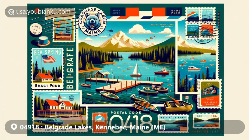 Modern illustration of Belgrade Lakes, Maine, showcasing postal theme with ZIP code 04918, featuring Great Pond, Long Pond, Bear Spring Camps, and Day's Store, depicting fishing and boating activities.