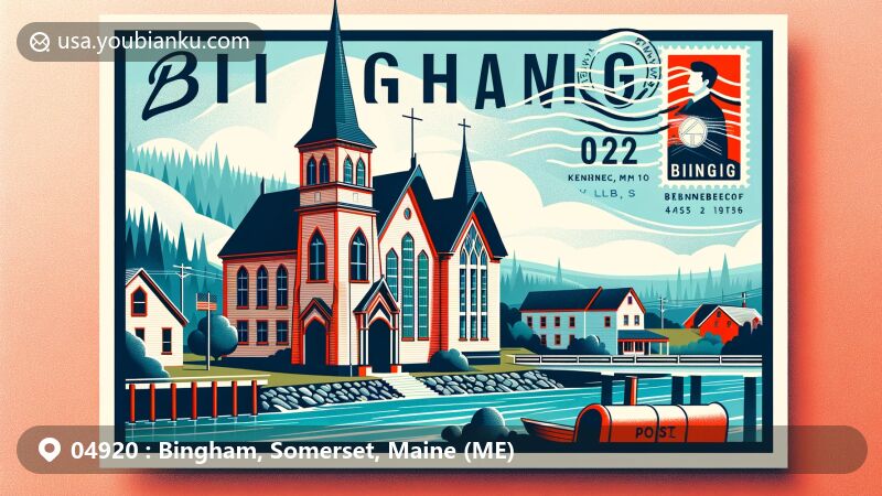 Modern illustration of Bingham, Maine, showcasing Bingham Free Meetinghouse, Kennebec River, and postal theme with ZIP code 04920, featuring historic architecture and natural beauty.