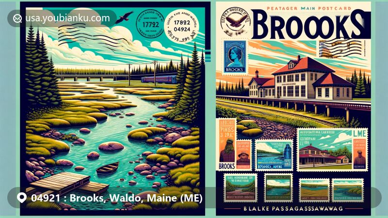 Modern illustration of Brooks, Maine, showcasing natural beauty and postal theme with 1892 Maine Central Railroad Passenger Depot, Marsh Stream, Lake Passagassawakeag, Ellis Pond, stamps, and ZIP code 04921.