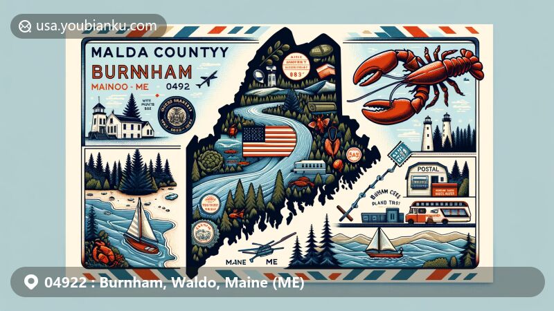 Modern illustration of Burnham, Waldo County, Maine, featuring Sebasticook River, Waldo County map, Maine state symbols, and postal elements with 'Burnham, ME 04922' postmark.