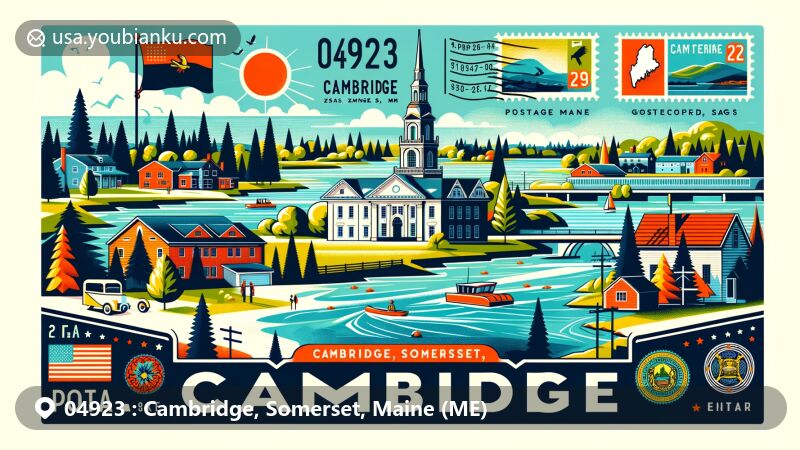 Vibrant illustration of Cambridge, Somerset, Maine (ME) showcasing natural beauty with Sebasticook River, Cambridge Pond, and Grange Hall, featuring postal elements like ZIP Code 04923 and Maine state symbols.