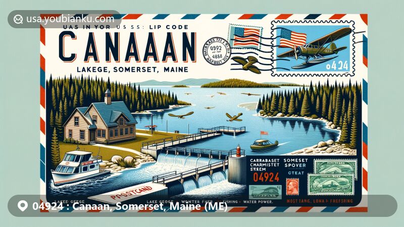 Modern illustration of Canaan, Somerset, Maine (ME) showcasing Lake George, Sibley Pond, and Carrabasset Stream dam, with postal theme featuring postcard or airmail envelope, stamps, and postmarks.