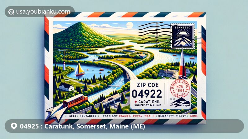 Modern illustration of Caratunk, Somerset, Maine, showcasing postal theme with ZIP code 04925, featuring Kennebec River, Pleasant Pond, Moxie Mountain, and the Appalachian Trail.