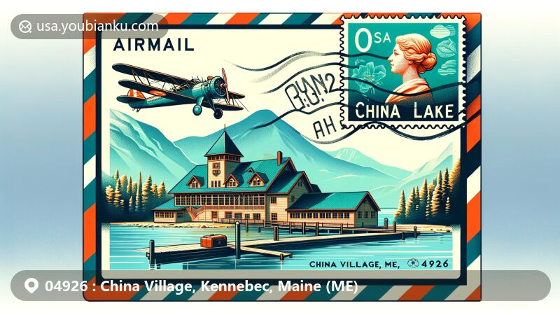 Modern illustration of China Village, Maine, showcasing airmail envelope with China Lake view and Hannaford House background, featuring 'China Village, ME 04926' stamp and current postmark.