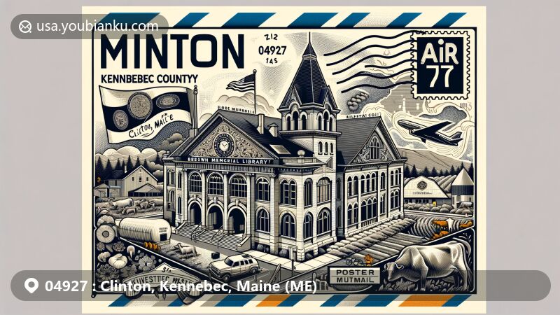 Modern illustration of Clinton, Kennebec County, Maine, showcasing postal theme with ZIP code 04927, featuring Brown Memorial Library, dairy farms, and Maine state symbols.