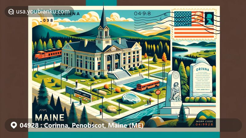 Modern illustration of Corinna, Maine, showcasing Stewart Library Building, Corinna Union Academy, natural landscape, and postal theme with ZIP code 04928, representing town's history, education, outdoor attractions, and postal heritage.