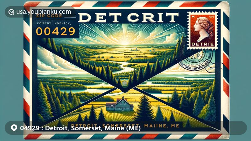Vintage-style illustration of Detroit, Somerset County, Maine, showcasing rural landscape with forests and fields, integrated with silhouette of Somerset County map and postal theme with ZIP code 04929 and Maine state symbols.