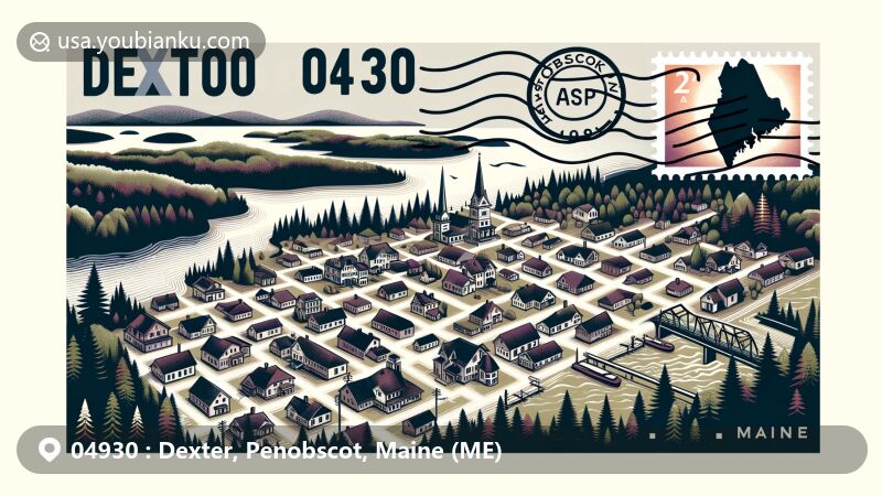 Vintage postcard-style illustration of Dexter town, Penobscot County, Maine, showcasing ZIP code 04930 area with Sebasticook River and Lake Wassookeag, trees, small-town buildings, stamps, postmarks, and postal elements.