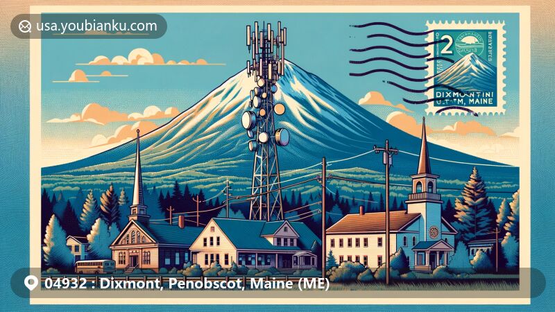 Modern illustration of Dixmont, Maine, depicting Peaked Mountain and its communication towers, Bussey School, United Methodist Church, and postal theme with ZIP code 04932.