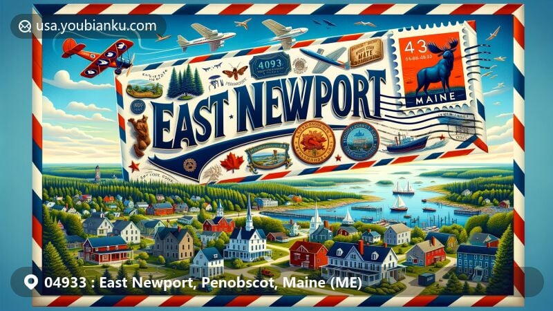 Modern illustration of East Newport, Penobscot, Maine, showcasing postal theme with ZIP code 04933, featuring Maine state flag, airmail envelope, vintage postage stamp, and classic postal elements.