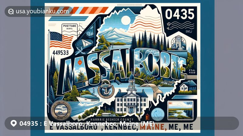 Modern illustration of E Vassalboro, Kennebec, Maine (ME), showcasing postal theme with ZIP code 04935, featuring Maine state flag, Kennebec County outline, Acadia National Park, Cushnoc Archeological Site, and Eastern white pine tree.