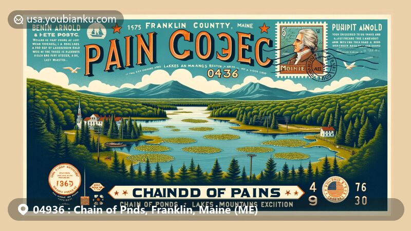 Modern illustration of Chain of Ponds, Franklin County, Maine, featuring interconnected ponds, lush greenery, mountains, and historical elements like a representation of Benedict Arnold’s expedition. Vintage postcard design with Maine state flag stamp and 1775 postal mark, highlighting ZIP code 04936.