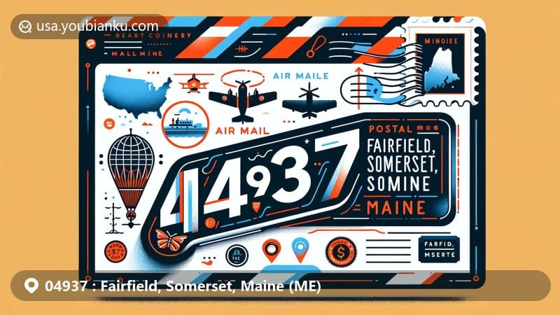Modern illustration of Fairfield, Somerset, Maine, showcasing postal theme with ZIP code 04937, featuring state symbols and regional landmarks.