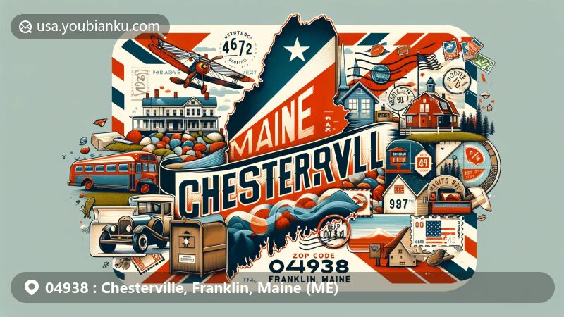 Modern illustration of Chesterville, Franklin County, Maine, featuring Maine state elements and unique Chesterville landmarks, set in a postcard style with vintage postal theme.