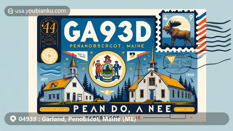 Modern illustration of Garland, Penobscot, Maine, capturing postal theme with ZIP code 04939, featuring state flag with moose, farmer, seaman, North Star, and Garland Grange Hall.