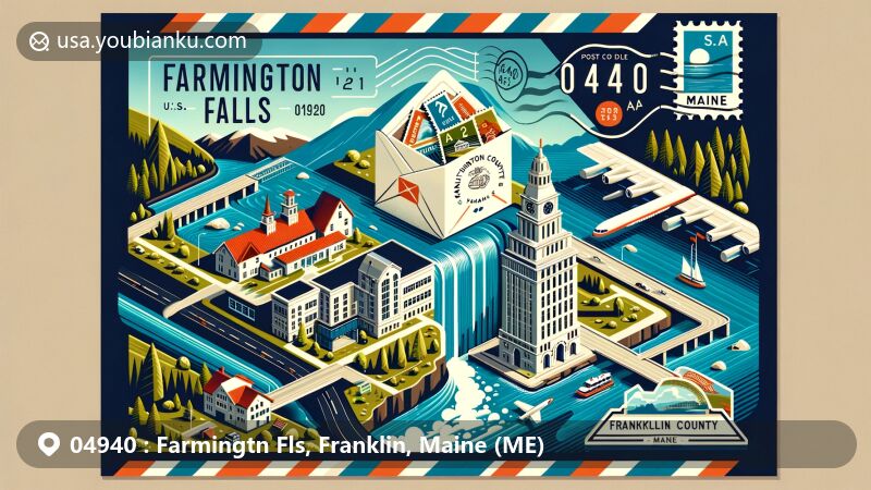 Modern illustration of Farmington Falls, Franklin County, Maine, with postal theme showcasing ZIP code 04940, featuring Sandy River, U.S. Route 2, Maine State Routes 27, 41, 156, and artistic representation of Franklin County Courthouse.