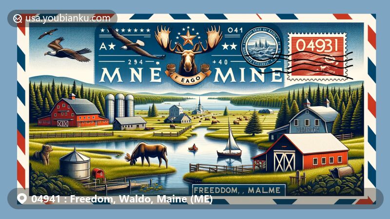 Modern illustration of Freedom, Waldo County, Maine (ME), showcasing picturesque farm scene with pond, barns, and silos, symbolizing agricultural heritage, blending Maine state flag elements like moose, farmer, and North Star, with postal theme of airmail envelope depicting ZIP code 04941.