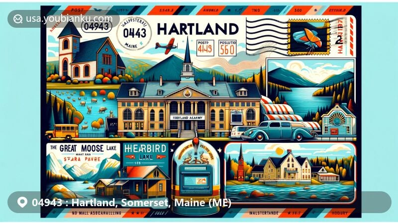 Modern illustration of Hartland, Somerset, Maine, depicting Hartland Academy, Great Moose Lake, Starbird Pond, and Opera House, highlighting town's history and natural beauty with emphasis on postal theme including ZIP Code 04943, stamps, postmarks, mailboxes, and mail truck.