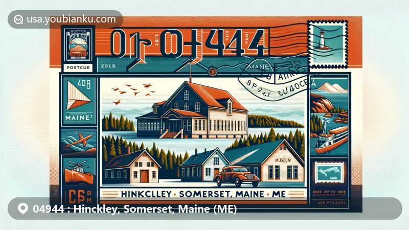 Modern illustration of Hinckley, Somerset, Maine (ZIP code 04944), showcasing L.C. Bates Museum and Maine's scenic beauty, incorporating postal elements like stamps and postmarks.
