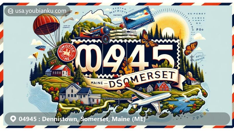 Modern illustration of Dennistown, Somerset, Maine, capturing postal theme with ZIP code 04945, featuring postcard, stamps, and postmark, integrated with county map outline and Maine state flag.