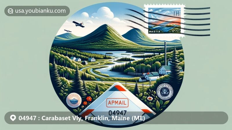 Modern illustration of Carabassett Valley, Maine, featuring Sugarloaf Mountain and Appalachian Trail, showcasing distinctive postal theme with ZIP code 04947, including airmail envelope adorned with stamps and postmarks.