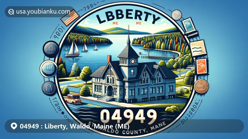 Vivid illustration of Liberty, Waldo County, Maine, showcasing St. George Lake and unique octagon-shaped Old Post Office, surrounded by lush greenery and postal elements, featuring '04949' and 'Liberty, ME'.