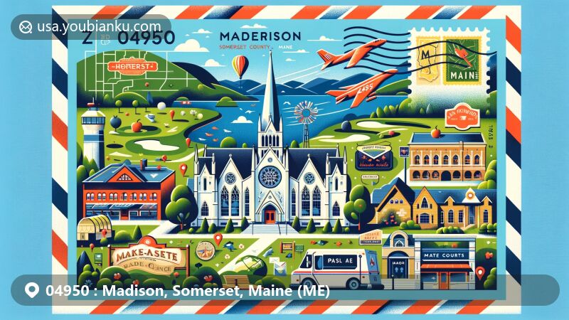 Modern illustration of Madison, Somerset County, Maine, featuring Somerset Abbey, Lakewood Golf Course, Maine's State Theater, North Star Orchards, and postal elements with ZIP code 04950.