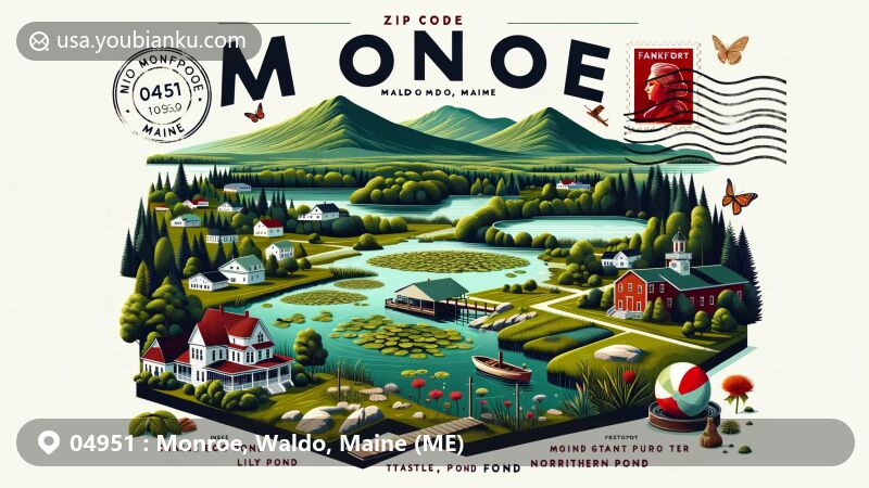 Modern illustration of Monroe Town, Waldo County, Maine, capturing scenic landscapes and postal theme with ZIP code 04951, featuring Chase Bog Pond, Basin Pond, Lily Pond, Thistle Pond, and Northern Pond.