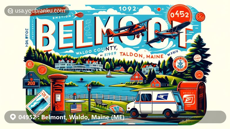 Modern illustration of Belmont, Waldo County, Maine, showcasing postal theme with ZIP code 04952, featuring scenic Tilden Pond and postal elements like postcard, airmail envelope, stamps, postmarks, mailbox, and mail truck.
