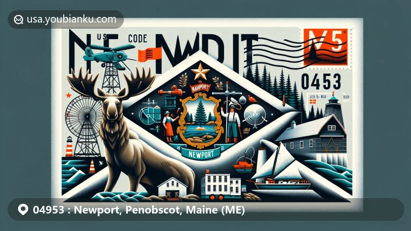 Modern illustration of Newport, Penobscot County, Maine, themed around postal card with Maine state flag elements, including moose, farmer, seaman, North Star, and Acadia National Park, featuring historical landmarks like woolen mill, sawmills, and blacksmith shops, with postal details such as postage stamp, postmark, and ZIP code 04953.
