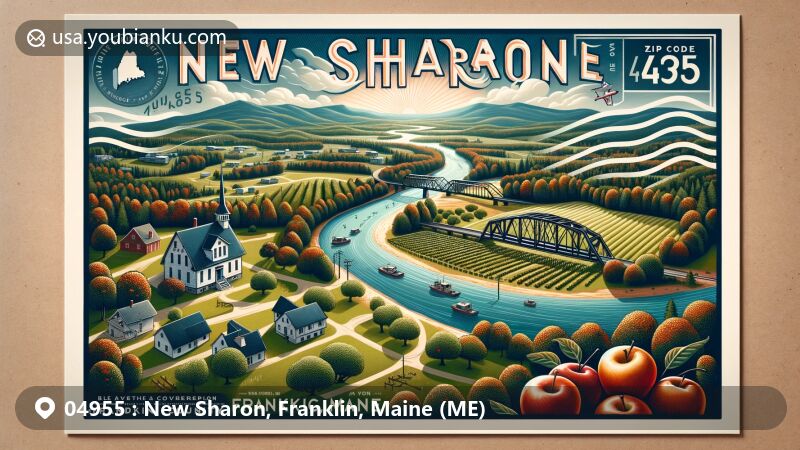 Modern illustration of New Sharon, Franklin County, Maine, featuring scenic hills, apple orchard, Sandy River, historical steel bridge, Maine state flag, and ZIP code 04955.