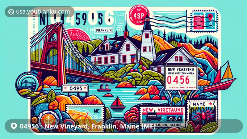 Modern illustration of New Vineyard, Franklin, Maine (ME), showcasing postal theme with ZIP code 04956, featuring The Wire Bridge, Nordica Homestead Museum, and Daggett Rock.