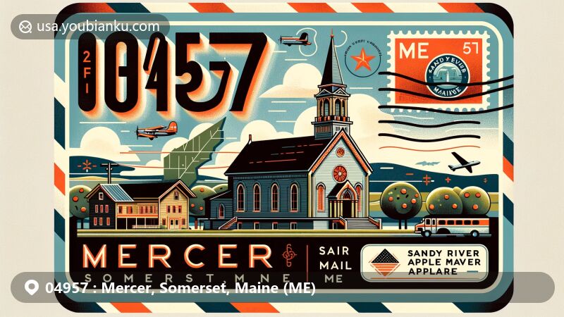 Modern illustration of Mercer, Somerset County, Maine, showcasing postal theme with ZIP code 04957, featuring Mercer Union Meetinghouse and Sandy River Apple Orchard.