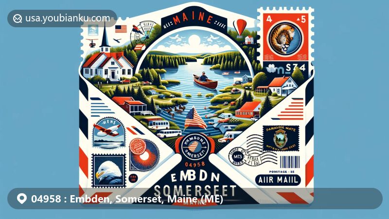 Modern illustration of Embden, Somerset County, Maine, showcasing postal theme with ZIP code 04958, featuring Embden Pond and Maine state symbols.