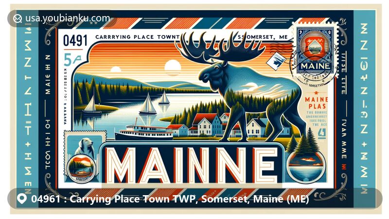 Modern illustration of Carrying Place Town TWP, Somerset, Maine (ME), showcasing Kennebec River and West Carry Pond in a vintage airmail envelope design with Maine state symbols and the ZIP Code 04961.