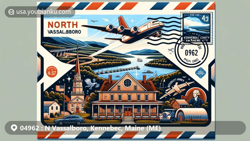 Modern illustration of North Vassalboro, Kennebec County, Maine, featuring airmail envelope with postal elements, highlighting the Kennebec River and historical society building, incorporating elements of Benedict Arnold and ZIP code 04962.