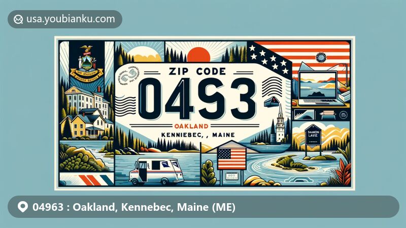 Modern illustration of Oakland, Kennebec, Maine, featuring postal theme with ZIP code 04963, showcasing Messalonskee Lake, McGrath Pond, Salmon Lake, and East Pond, integrating Maine state flag and classic American postal elements.
