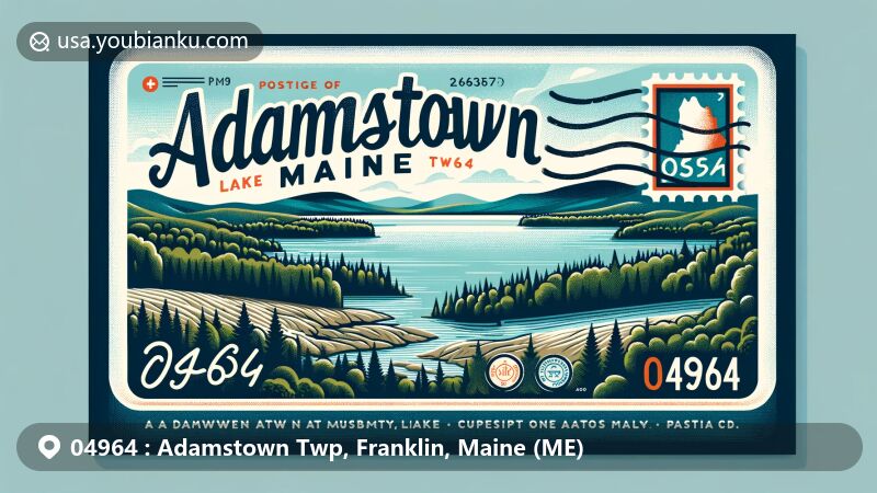 Modern illustration of Cupsuptic Lake in Adamstown Twp, Maine, highlighting postal theme with ZIP code 04964, featuring scenic beauty and postal elements.