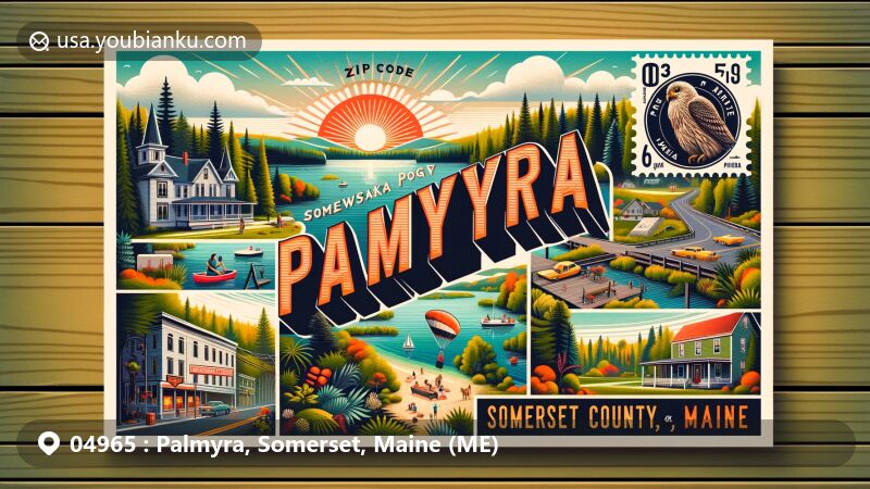 Vibrant illustration of Palmyra, Somerset County, Maine, capturing postal theme with ZIP code 04965, featuring Madawaska Bog Wildlife Preserve and Palmyra Town Park.