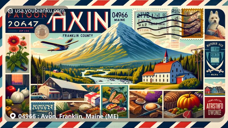 Artistic portrayal of Avon, Franklin County, Maine, showcasing ZIP code 04966 with vintage airmail theme, including Mount Blue State Park and local agriculture.